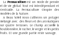 La Permaculture est un mode de pensée et de vie global. Tout est interdépendant et s’entraide. La Permaculture s’inspire des modèles de la Nature. A Beau Soleil nous cultivons un potager mélangé avec des fleurs et des aromatiques sur quatre terrasses. Le champ accueille la houblonnière, le rucher, le verger et les petits fruits. Et une grande partie reste sauvage.
